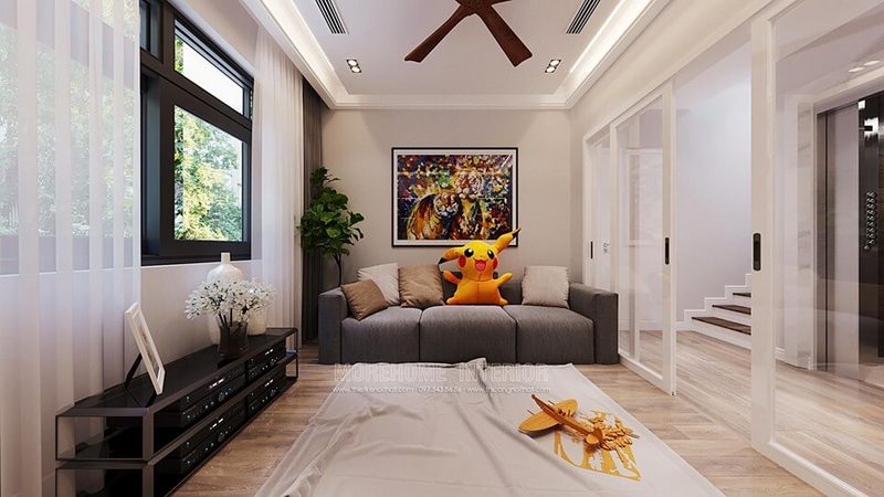 Mẫu sofa đẹp có bọc vải cỏ may màu xám hiện đại.