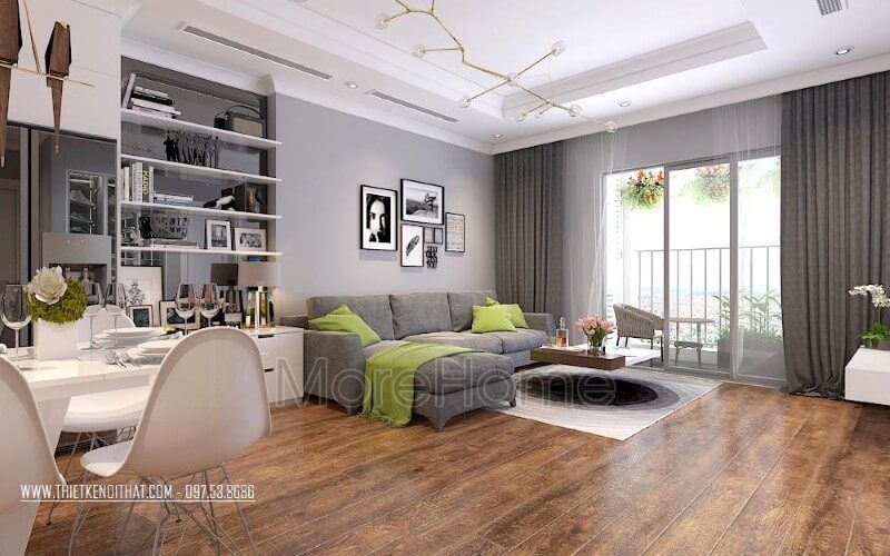 Không gian phòng khách được trang bị sang trọng bởi bộ sofa khung gỗ tự nhiên bọc bởi nỉ cao cấp.